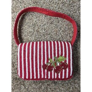 Studio 12 Beaded Cherry Stripe Shoulder Bag Red White Green Women Hand Beaded